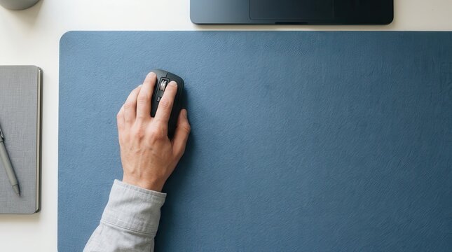 Hand operates a computer mouse on a blue desk pad in an office setting.