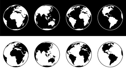 Eight stylized black and white globes showing different continents and perspectives © MOHAMMADTORIQUL