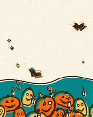 Fototapeta premium Vintage Halloween comic background with spooky pumpkins, ghosts, monsters, and retro social media style.
