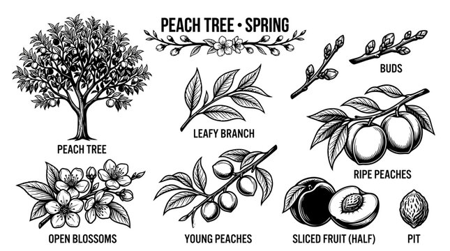 Very beautiful black and white realistic vector set of a PEACH TREE with separate tree, leafy branch, buds, open blossoms, young peaches, ripe peaches, sliced fruit, pit, and PEACH TREE &bull; SPRING label