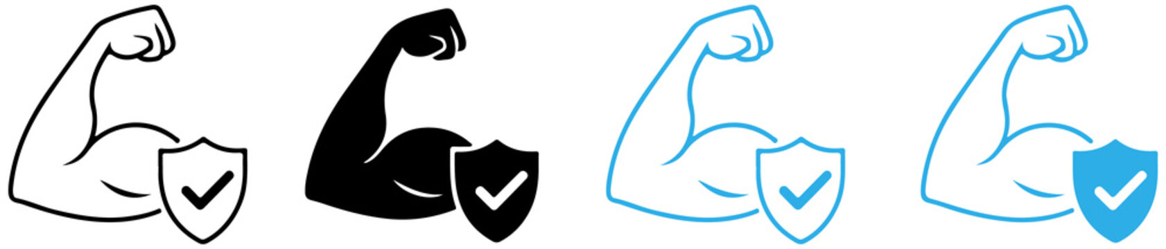 Four stylized of a flexed bicep arm with a shield and checkmark in black and blue