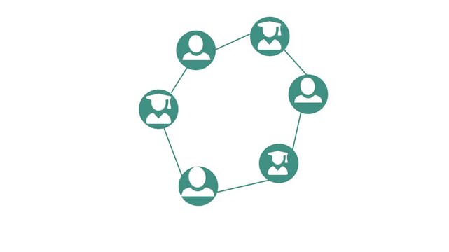 User icons connected in a circular network alternating with graduate cap icons animation