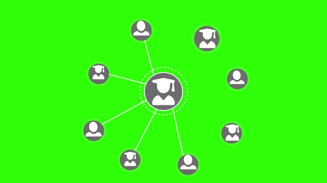Central icon of a graduate connected to multiple smaller blue user/graduate icons animation