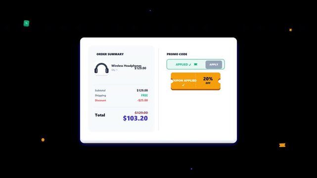 Premium 2.5D Motion Graphic of an e-commerce checkout flow applying a discount coupon. Features deterministic animation, a simulated typing effect, smooth price drop interpolation, and a seamless loop