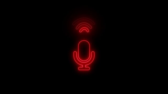 Glowing microphone icon with signal waves voice recording podcasting and online audio communication animation
