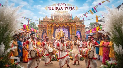 Naklejka premium Grand temple structure pandal setup for traditional Bengali festival Durga Puja with worshippers gathered