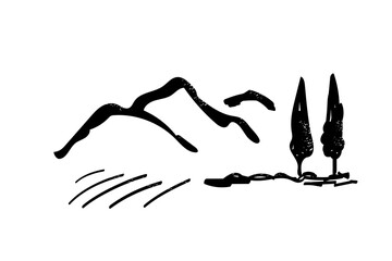 Simple brush line art Tuscan landscape with mountains and cypress trees vector illustration. © Liubov