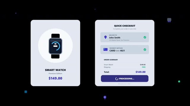A premium Modern Minimal 2.5D e-commerce motion graphic illustrating a seamless one-click checkout flow. Fixed rendering issue by correcting shape drawing function references.