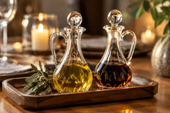 A pair of glass cruets on a wooden tray reflecting warm candlelight.