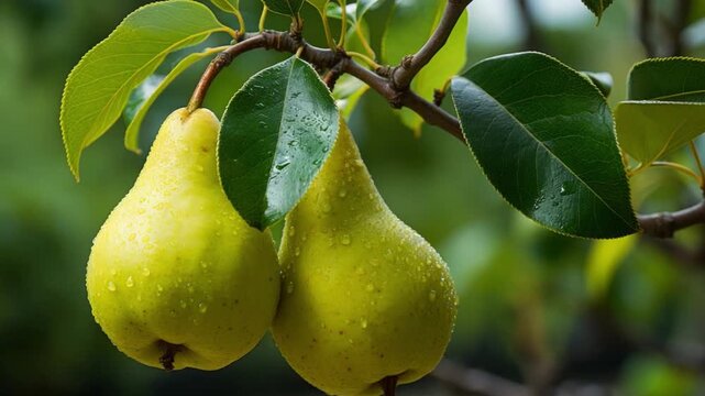 Discover the beauty of juicy green pears on a tree. This footage captures the essence of nature perfect for culinary and health-themed content. AI