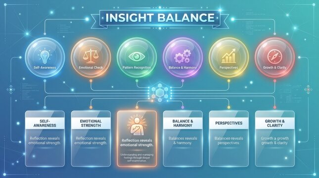 Insight Balance Diagram with Icons for Emotional Strength, Growth, and Harmony