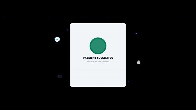 A premium Modern Minimal 2.5D e-commerce motion graphic animation showcasing a complete payment flow from processing to successful confirmation
