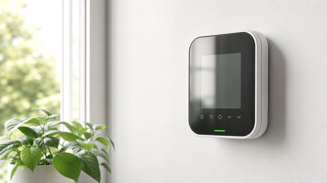 Thermostat intelligent moderne accroch&eacute; sur un mur blanc propre dans une pi&egrave;ce lumineuse.