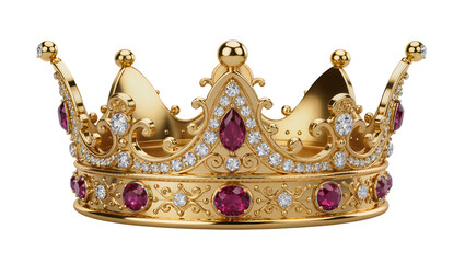 Ornate golden crown with ruby and diamond embellishments, isolated on transparent background © Maria