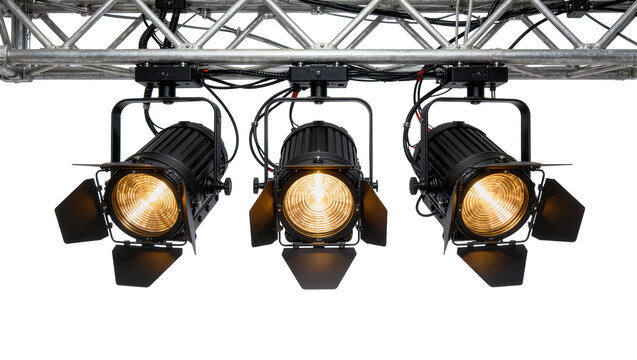 Three black stage spotlights with barn doors illuminated with warm yellow light, isolated on transparent background