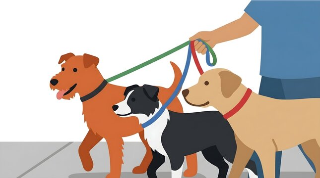 Professional Dog Walker with Three Different Breeds on Leashes