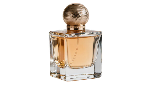 Elegant square glass perfume bottle with golden textured cap, isolated on transparent background