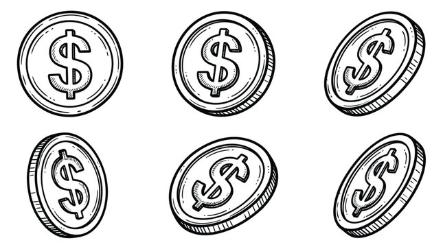 Dollar coins illustrated in various rotating angles using simple black and white line art style