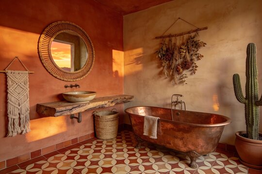 A bohemian desert bathroom features a copper soaking tub Moroccan zellige tile floor and terracotta adobe walls with warm sunset light