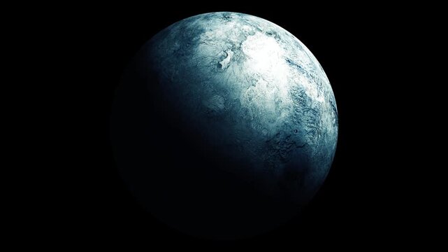 A partial view of a blue icy planet floating in dark space on a black background