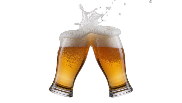 Two beer glasses clinking with frothy splash, isolated on transparent background
