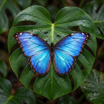 Macro View of Blue Butterfly Resting on Tropical Leaf with Water Droplets