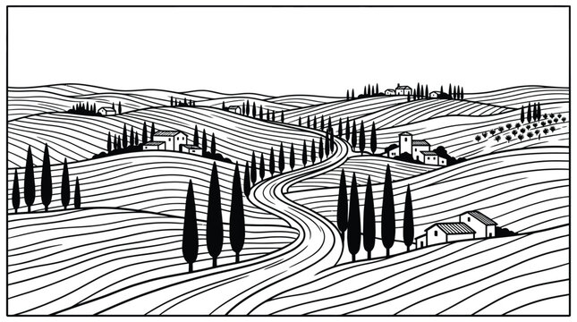 Rolling tuscan hills with cypress trees and rural farmhouses depicted in a elegant line art style