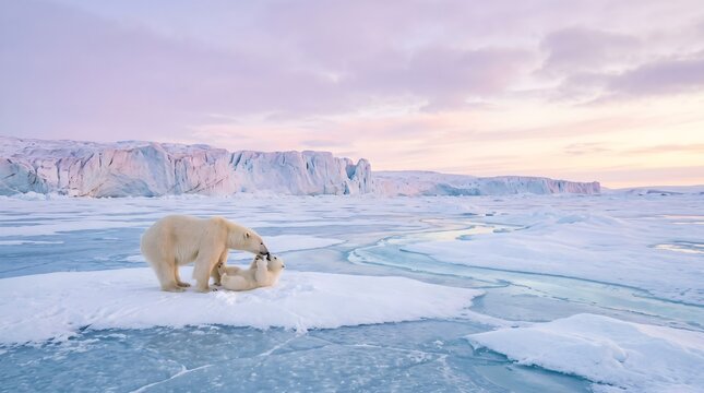 Polar Bear Mother and Cute Cub Interacting on Floating Arctic Sea Ice