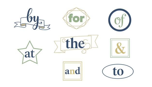 Vintage styled typography frames showcasing common grammar words like prepositions and conjunctions for graphic design.