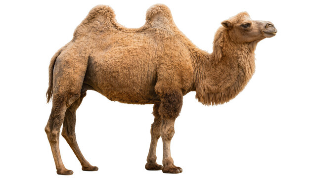 Bactrian camel with two humps standing profile, isolated on transparent background