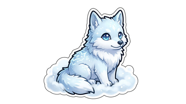Adorable arctic fox sticker, cute white wolf cub sitting on snow cloud, winter animal character in anime style