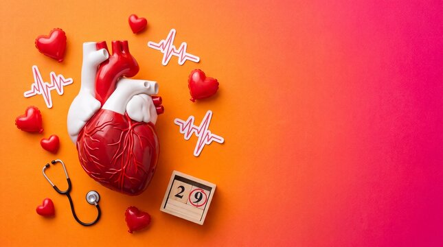 A model of a human heart is centered on an orange-pink gradient background