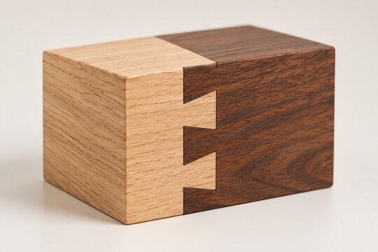 Two interlocking wooden dovetail joints forming a seamless rectangle, minimalist.
