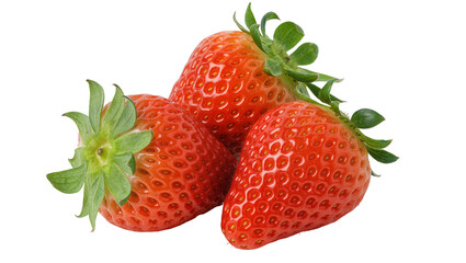 Three ripe red strawberries with green leaves, isolated on transparent background © Maria