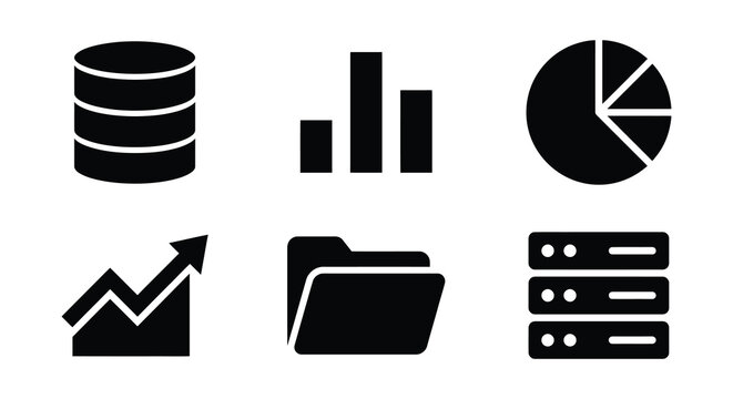 Collection of data visualization icons including charts graphs and database silhouettes analytics
