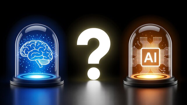 Artificial intelligence concept comparing human brain and ai technology with question mark