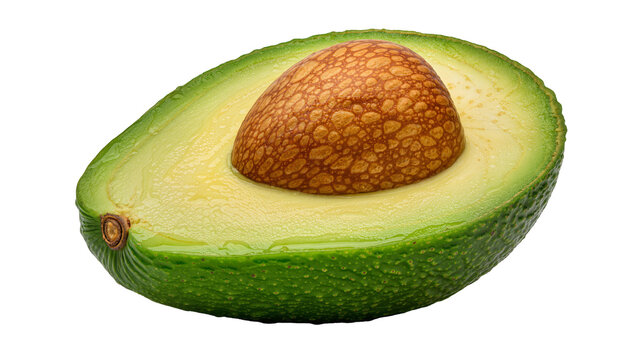 Fresh green avocado half with large brown seed, isolated on transparent background