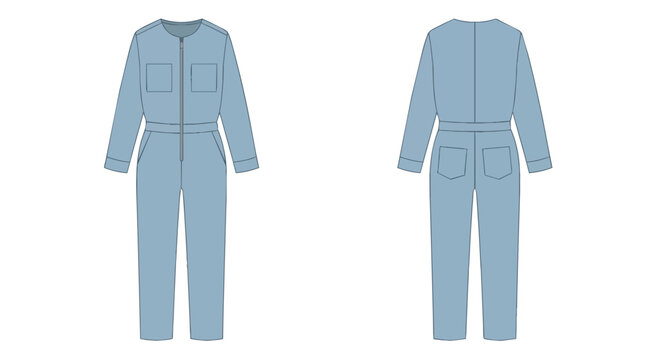 Stylish Light Blue Denim Jumpsuit Boiler Suit Technical Sketch Front and Back View Women Apparel Design Template