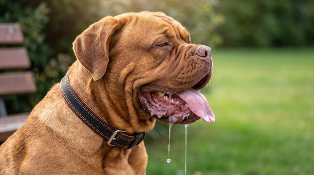 Heatstroke prevention for panting drooling dog. heat wave hot weather temperature. heat stroke dehydration symptom risk, emergency warning protection aid