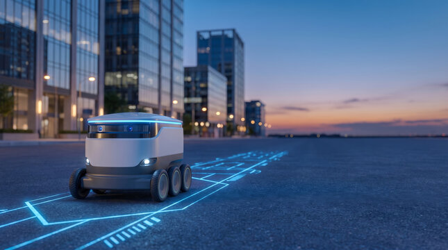 Autonomous delivery robot travels through city streets at twilight. Smart urban logistic shipping service. modern automation machine vehicle, future tech innovation