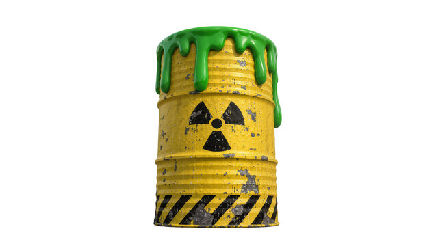 Yellow radioactive waste barrel with dripping green toxic liquid, isolated on transparent background