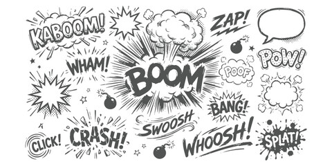 Set of comic book sound effect speech bubbles and action explosion elements in black and white ©  creative  marlia