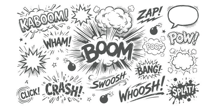 Set of comic book sound effect speech bubbles and action explosion elements in black and white