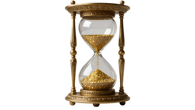 Ornate golden hourglass with sparkling gold glitter sand, isolated on transparent background