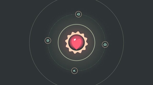 Modern Abstract Heart Core with Orbiting Digital App Badges, Seamless Loop for Relationship Network and Health Tech Infographic