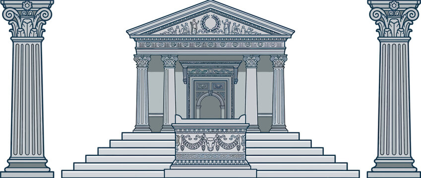 Ancient Greek temple facade with columns and stairs