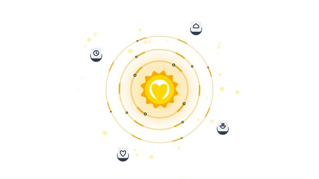 Bright Solar Core with Golden Heart and Orbiting Media Widgets, Seamless Loop for Charity Ecosystem and Content Marketing Promo