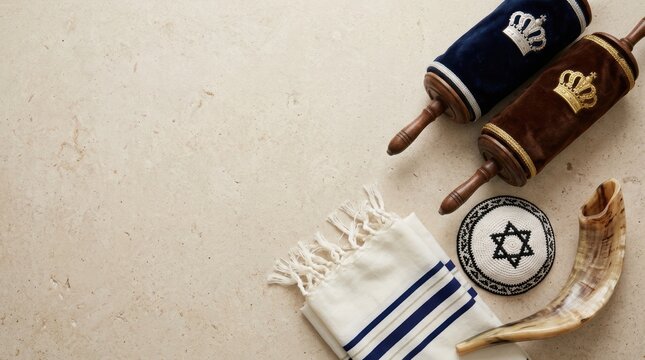 Torah scroll with tallit prayer shawl and shofar horn for jewish religious holiday celebration and worship