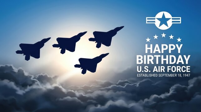 Us air force happy birthday celebration poster with fighter jets flying in formation against a blue sky