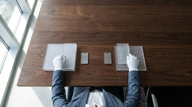 Corporate Auditor Reviewing Transparent Frosted Acrylic Compliance Legal Documentation and Unbranded Smart Encryption Key Cards on Dark Wooden Executive Table Under Soft Studio Lighting